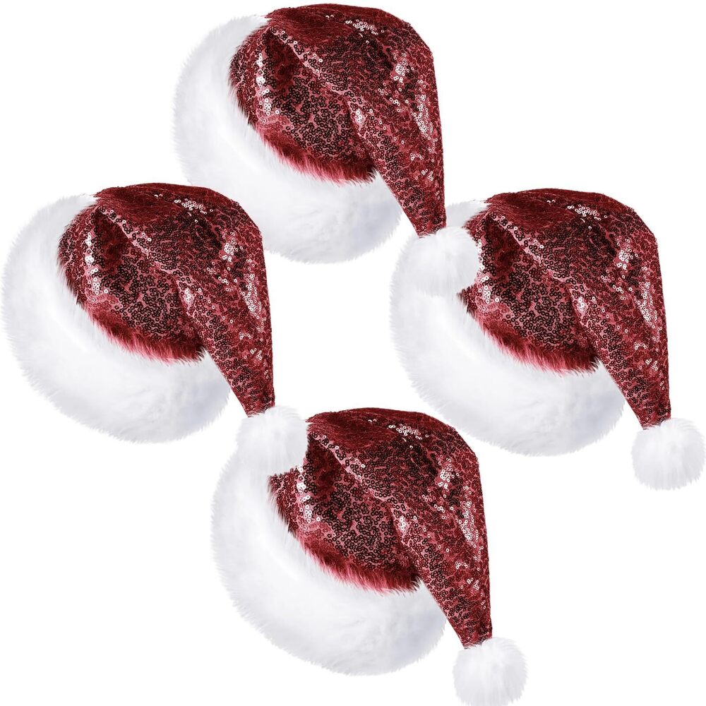 4463 4 Pcs Adult Sequin Santa Hat Unisex Shiny Christmas Santa Claus Hat